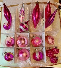 17 vintage Pink glass Christmas baubles- Large & Medium Various Styles