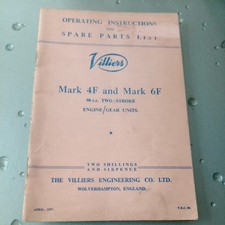VILLIERS MOTORCYCLE MARK 4F 6F OPERATING INSTRUCTIONS SPARE PARTS LIST  MANUAL 