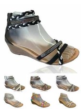 WOMENS STRAPPY SANDALS LADIES LOW HEEL WEDGE GLADIATOR SUMMER SHOES SIZE 3-8