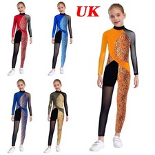 UK Girls Gymnastic Leotard Full Body Catsuit Long Sleeve Ballet Dance Unitard