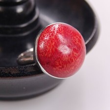 Vtg Red Sponge Coral Ring Sterling Silver 925 Round Pretty Boho Retro Pinky UK J