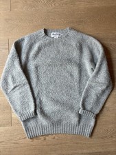 Harley of Scotland Shaggy Brushed Shetland Crew Neck Wool Jumper Grey Size M