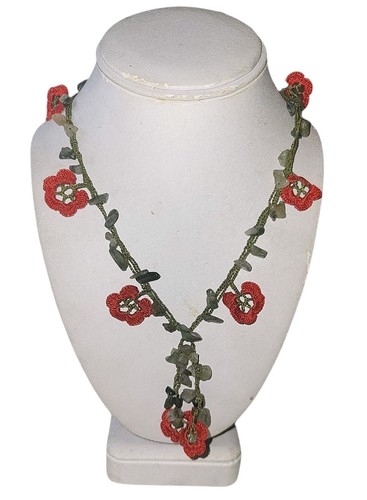 Red flower crochet necklace - ,
