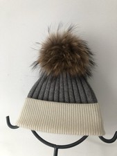 Cashmere Blend ribbed Bobble Hat Detachable Real Raccoon Fur Pom Pom O/S 