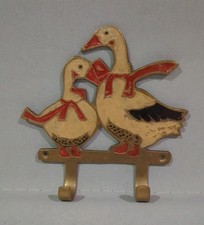 Vintage Brass 2-Hook Enamel Duck Goose with Ribbon Bow Tie Wall Hanging Key Rack