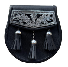 Thistle Plated Leather Scottish Kilt Sporran, Free Belt Set