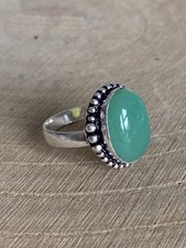 Green Agate Ring Size R Sterling Silver 925 Plate Bohemian Vintage Style
