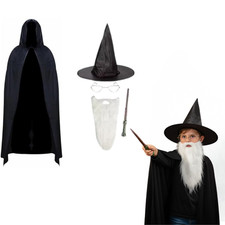 Kids Wizard Costume Set Cape Hat Wand Glasses Beard – Halloween Fancy Dress 6–10