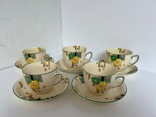 Morley Ware Mayfair Cups & Saucers x5 1920s Art Deco Floral Green Yellow