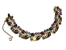 VINTAGE Jewelcraft Goldtone Burgundy Enamel & A/B Red Gold Rhinsetone BRACELET