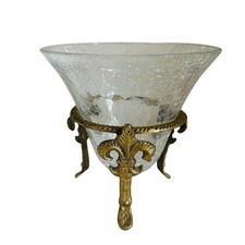 Crackle Glass Bowl Brass Stand 3 Foot Fleur de Lis Vase Ornamental Clear Gold