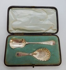 Victorian Boxed Sterling SILVER SUGAR SPOON & CADDY SPOON Cooper Bros Shef 1895