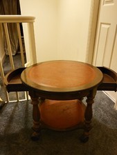 Vintage  Red Leather Embossed drum top  table with Drawers. Age Related Marks.