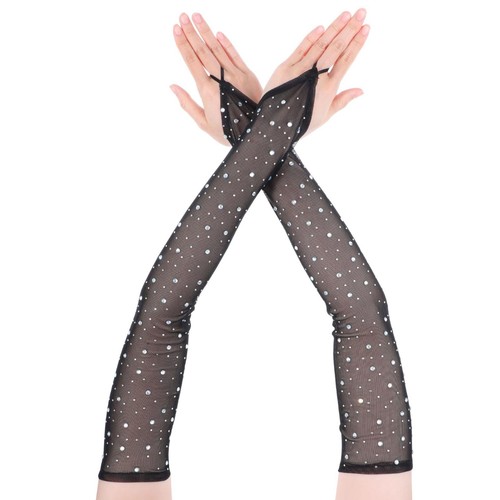 Black sheer gloves diamante - black,