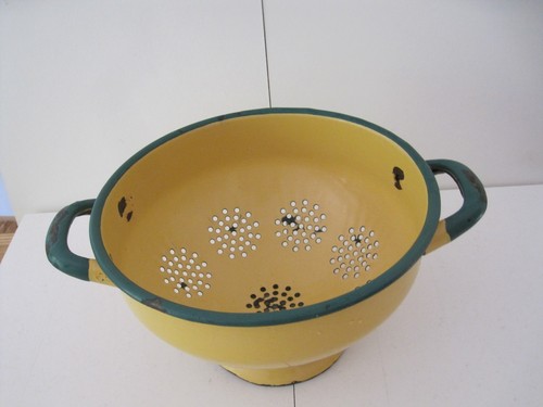 Vintage enamel colander yellow - vintage,
