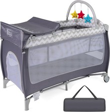 4in1 Baby Travel Cot Foldable Crib with Mattress, Changer & Storage Grey