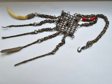 Oriental white metal turquoise and coral chatalaine