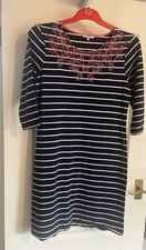 Dickins & Jones Navy Dress With White Stripes & Embroidered Front. Size Small