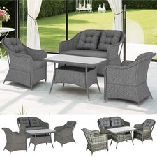 4 PCS Rattan Garden Furniture, Padded Conversation Sofa Set w/ Glass Top Table