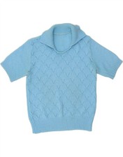 VINTAGE Womens Short Sleeve Polo Neck Jumper Sweater UK 12 Medium Blue BU02
