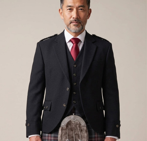Men black wool argyle kilt - wool,