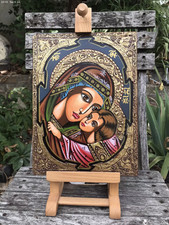 Greek Christian Orthodox Icon Of Mary And Child Hand Painted On Wood