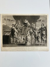 Antique Mezzotint engraving 1814 King James I of England with family portrait 