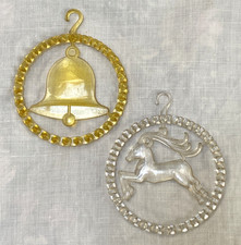 2 Vintage 1950s/60s Selco Christmas Tree Ornaments, Round,  Bell + Reindeer