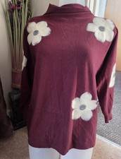Aaeda ~ Maroon Red Funnel Neck Soft Jumper With White Grey Felted Flowers BN Med