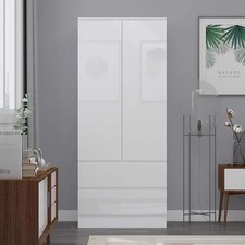 White Gloss 2 Door Combination Wardrobe Handleless Hanging Rail Scandinavian