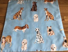 Square Cushion Cover Made W/ Joules Paintery Dogs & Stripe Ochre Cotton Fabric