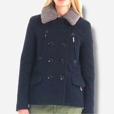 SUPERDRY NAVY PEA COAT MEDIUM WOOL RICH BLEND DOUBLE BREASTED MERCHANT WOMENS
