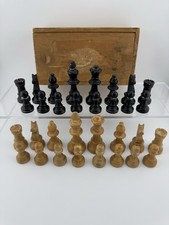 Vintage Wooden Chess Set with Carved Knights & Wooden Box – Mid 20th C