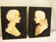 2 Vtg  Chalkware Silhouette Alice Fenner Art Tile Wall Plaque Colonial Couple FS
