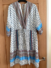 Monsoon White Spliced Print Tunic Smock Kaftan Style Beach Dress, Size L, 16-18