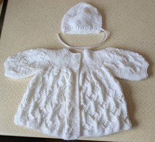 Hand Knit Brand New Baby Matinee Jacket & Bonnet Set. White. Newborn