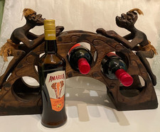 Hand Carved Solid Wooden Wine Rack Holds (5) Bottles - Unusual Ethnic Design