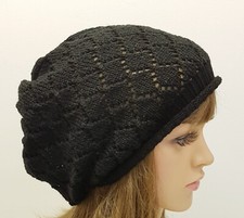 Knitted lace slouch beret, black fall tam, handmade hat for women
