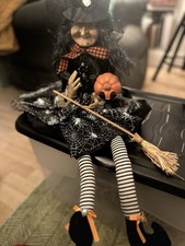 Granny Witch Doll , Hold Pumpkin , Broom, Pagan