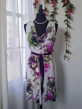 Kaliko Lined Garden Florals Cowl Neck Tie Belt Stretch Occasion Dress Size 14