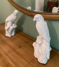 Pair of Contemporary White Satin Glazed Ceramic Parrots