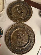 vintage, embossed brass wall plates featuring a sailing ship design X 2