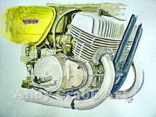 Suzuki T500  Titan Cobra Engine  Watercolour Print  by Andy Crabb #422