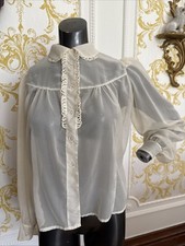 Vintage 1940s Sheer Cream Blouse With Detailed Front And Collar Size 12/14