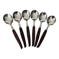 6 Vintage Teak Wooden Stainless Steel Firth STAYBRITE Soup Spoons cutlery