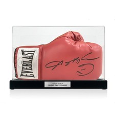 Sugar Ray Leonard Signed Red Boxing Glove. Display Case With Plaque
