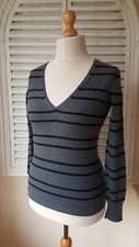Tse Say Grey & Black Striped 100% Cashmere V-Neck Jumper (Size: L)