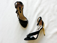 ZARA Asymmetric Black Strappy Signature Gold Metal Stiletto Court Heels, Size 36