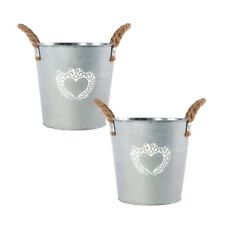 2Pc Zinc Tin Pail Plant Pot 18cm Heart Print Planter With Rope Handles Bucket