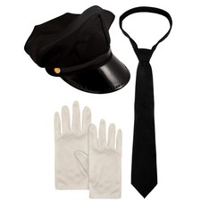 Mens Chauffeur Fancy Dress Taxi Driver Hat, Tie & Gloves Costume Accessory Set